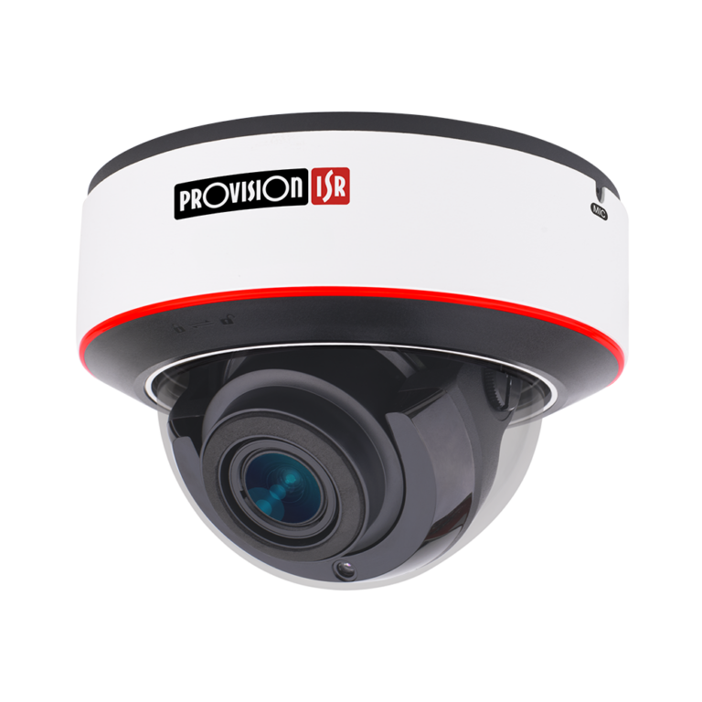 White dome security camera from ProVision ISR mounted to the ceiling, with a black lens and red accent cable outline around the housing