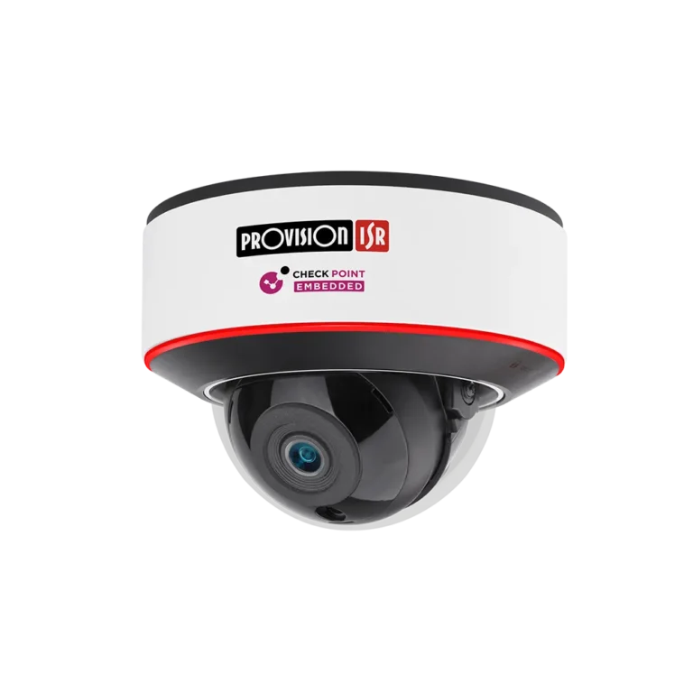 Dome security camera mounted to a white ceiling with a black housing and red accent ring, brand visible on the mount