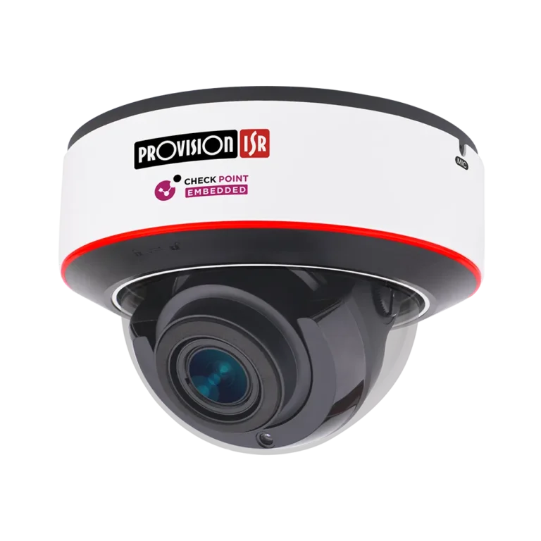 Dome surveillance camera with white housing and red accent, branded Provision-ISR and Check Point Embedded logos
