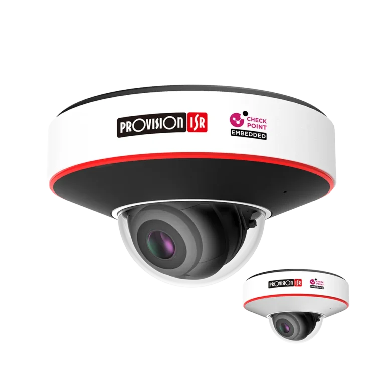 White dome security camera with a black lens dome and a red circular accent; logos say Provision-ISR and Check Point Embedded on the housing.