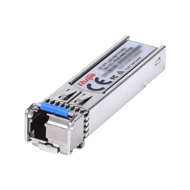 Small metal hot-swappable SFP fiber optic transceiver module with blue latch.