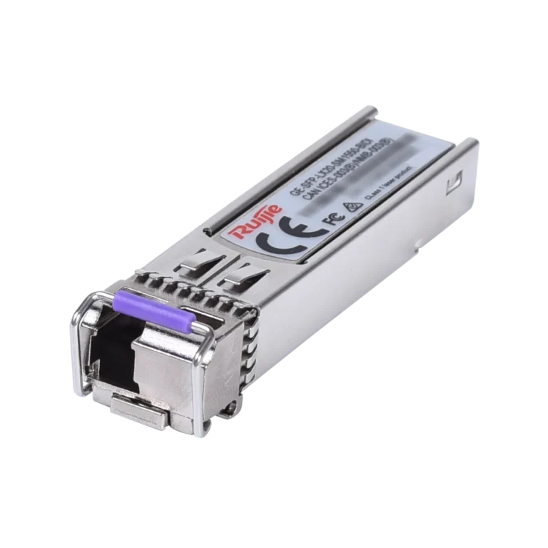 SFP network transceiver module with purple latch for server switches and fiber/copper connectivity in data centers.