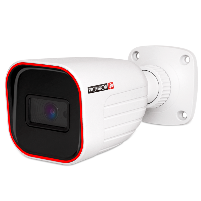 Outdoor security camera with white housing and black front, mounted on a wall bracket, branding reads PROVISION USA.