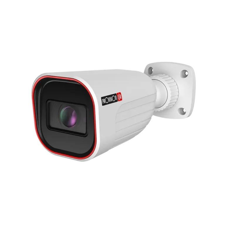 White outdoor security camera with red trim mounted on a wall bracket, ready for surveillance use (Provision ISR style)