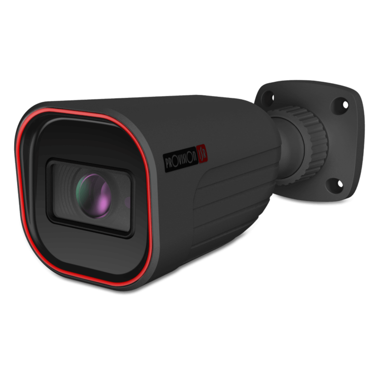 Outdoor surveillance camera with a black body and red accent, mounted on a wall bracket.
