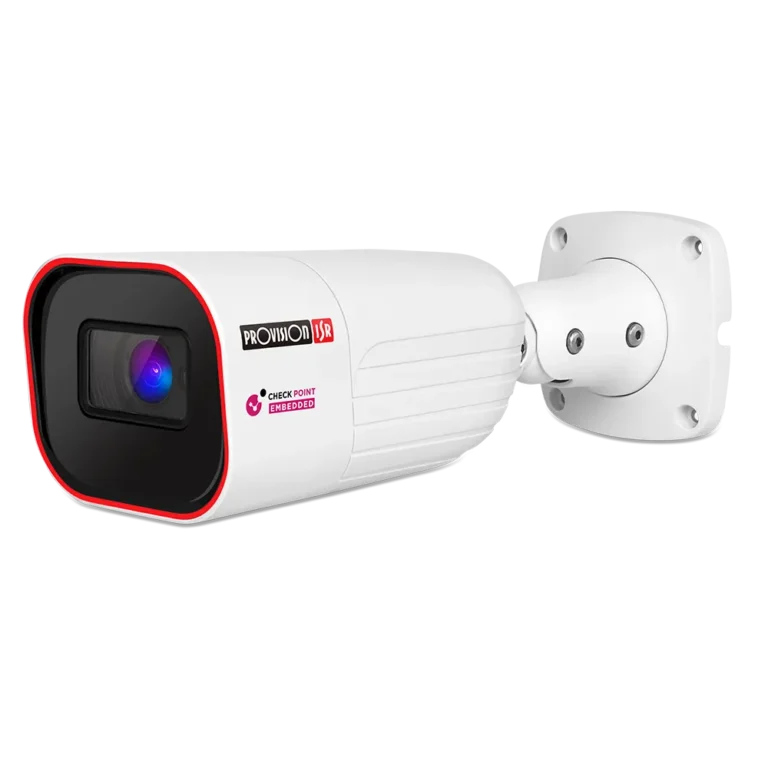 White bullet-style security camera mounted on a wall with a purple-tinted lens and red trim edge.
