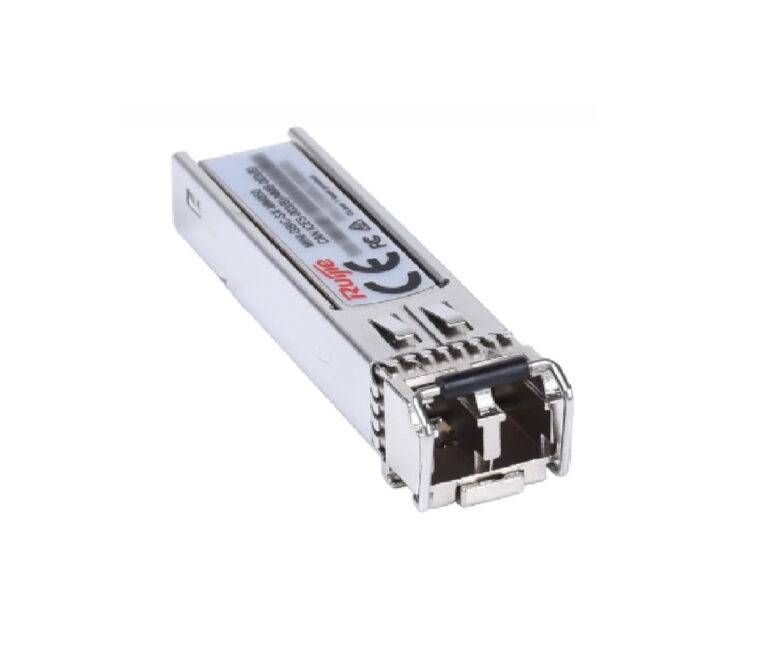 Silver SFP transceiver module for fiber/ethernet networks, shown in angled view with metal housing and plug connector at the end.