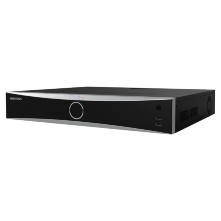 Front view of a Hikvision network video recorder (NVR/DVR) with a circular control dial, black front panel, and USB ports on the right side.