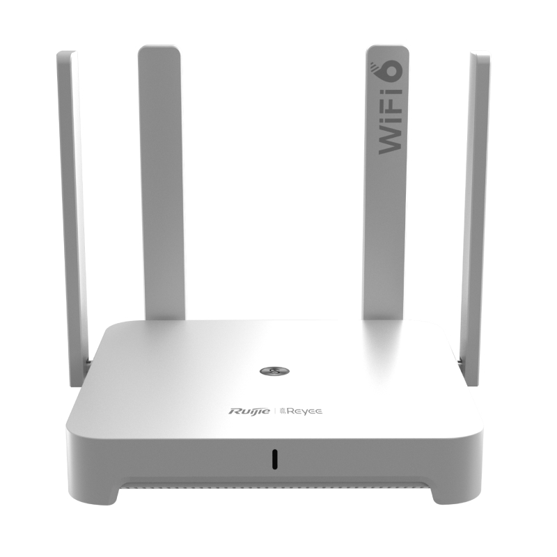 White square Wi‑Fi 6 router with four tall external antennas standing upright on a white surface.