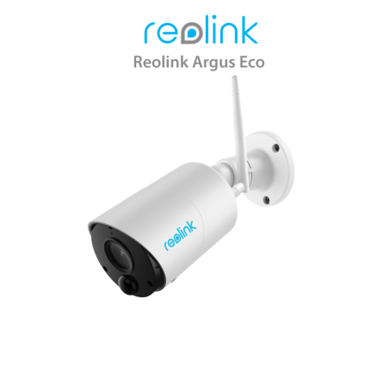 White Reolink Argus Eco wireless security camera mounted on a wall bracket.
