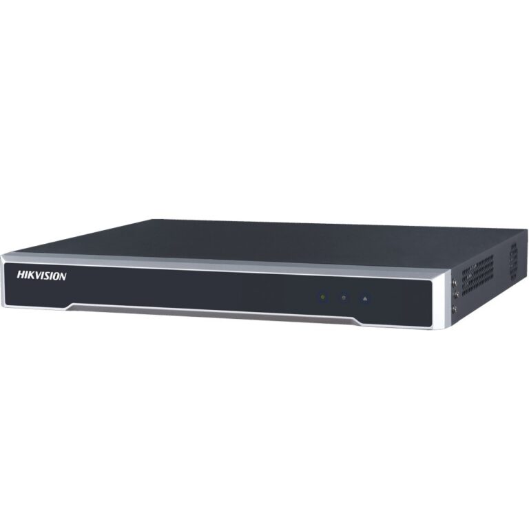 Front view of a Hikvision network video recorder (NVR) with status indicator LEDs on the front panel