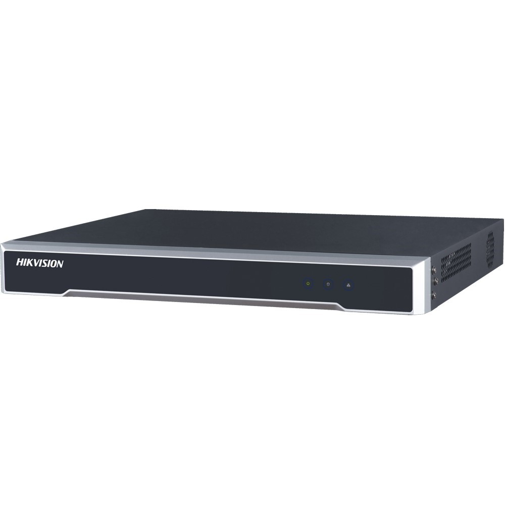 Front view of a Hikvision network video recorder (NVR) with status indicator LEDs on the front panel