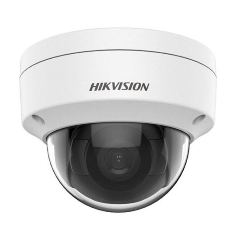 Hikvision dome security camera with white housing and visible lens on a plain background