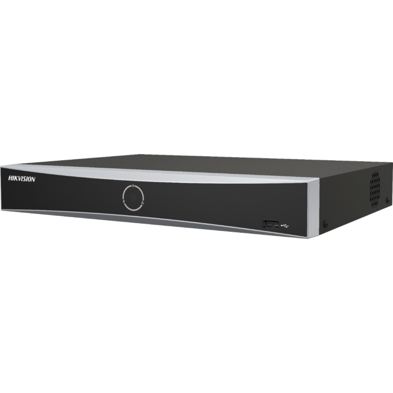 Front view of a Hikvision NVR/DVR with a black bezel, silver trim, circular control knob, and a USB port on the right side of the front panel.
