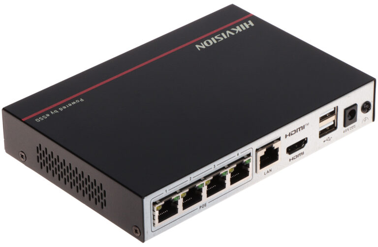 Hikvision 8-port PoE network switch with Ethernet ports on the front and USB/power jacks on the back.