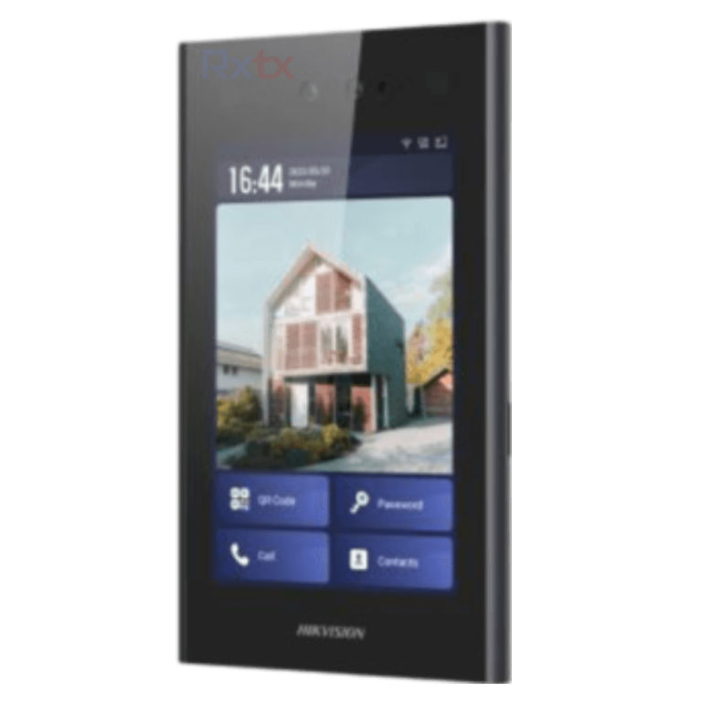 Black smartphone shown at an angle with a photo of a house on its screen and blue app tiles along the bottom edge, displaying a Windows-style layout.