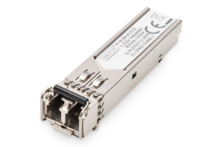 Metal SFP fiber optic transceiver module for network connections (plug-in interface).