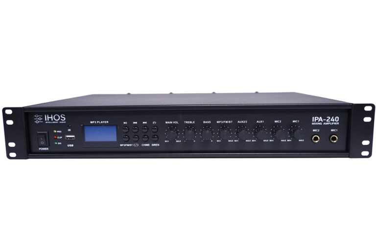 Front view of an IHOS IPA-240 1U rack-mount mixing amplifier with MP3 player, display, and knobs for volume and tone control (_main vol, treble, bass)_