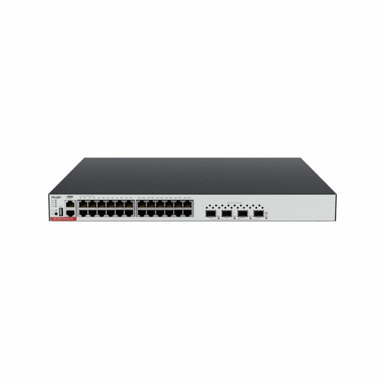 Front view of a 24-port Ethernet switch with a metal chassis and LED indicators on the front panel.