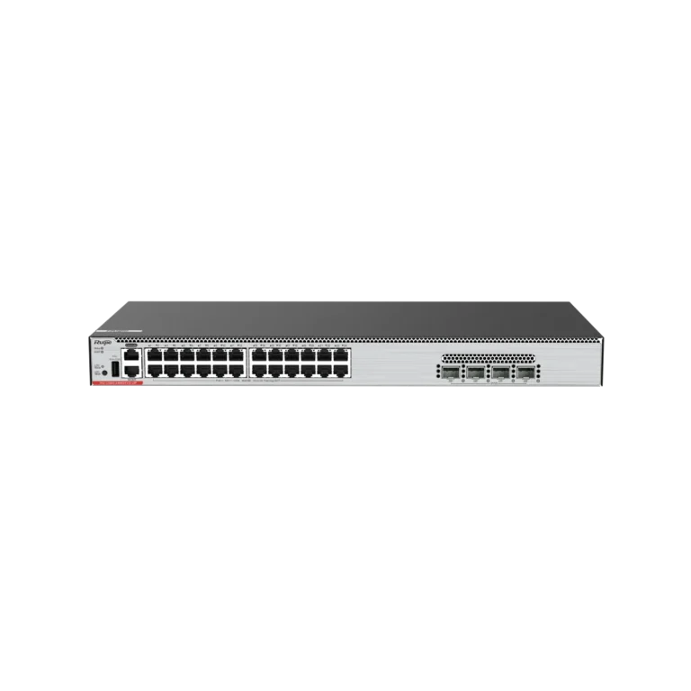 Rack-mmount network switch with multiple Ethernet ports and two small management LEDs on the left side.