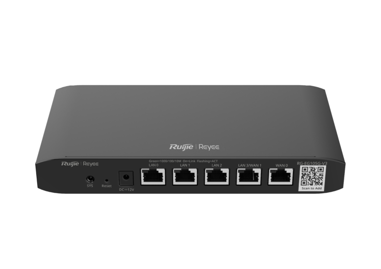 Ruijie Reyee router/switch with six Ethernet ports (LAN0–LAN3, WAN, etc.) and a QR code label on the right edge, shown in a dark gray housing.