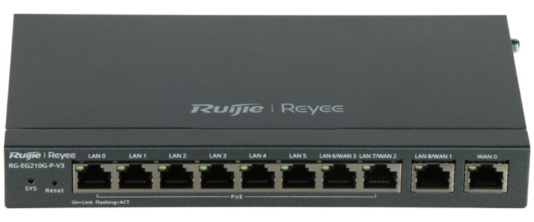 Ruijie Reyee network switch with multiple Ethernet ports (LAN and WAN) on the front panel and indicator LEDs nearby.