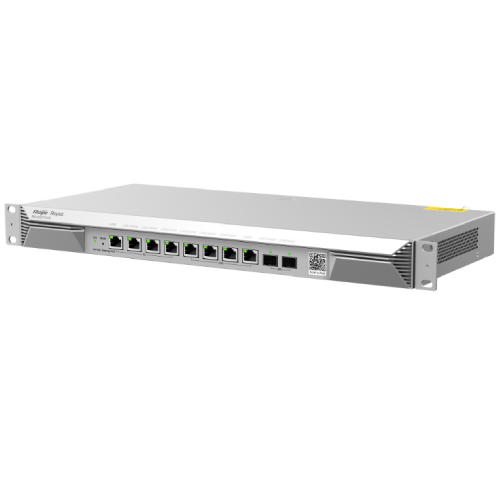 Front view of a rack-mount Ethernet network switch with multiple ports and status LEDs on the front panel.