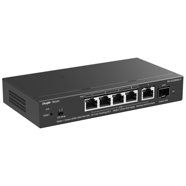 Ruijie RG-ES206MG-P PoE network switch with multiple Ethernet ports and status LEDs on the front panel