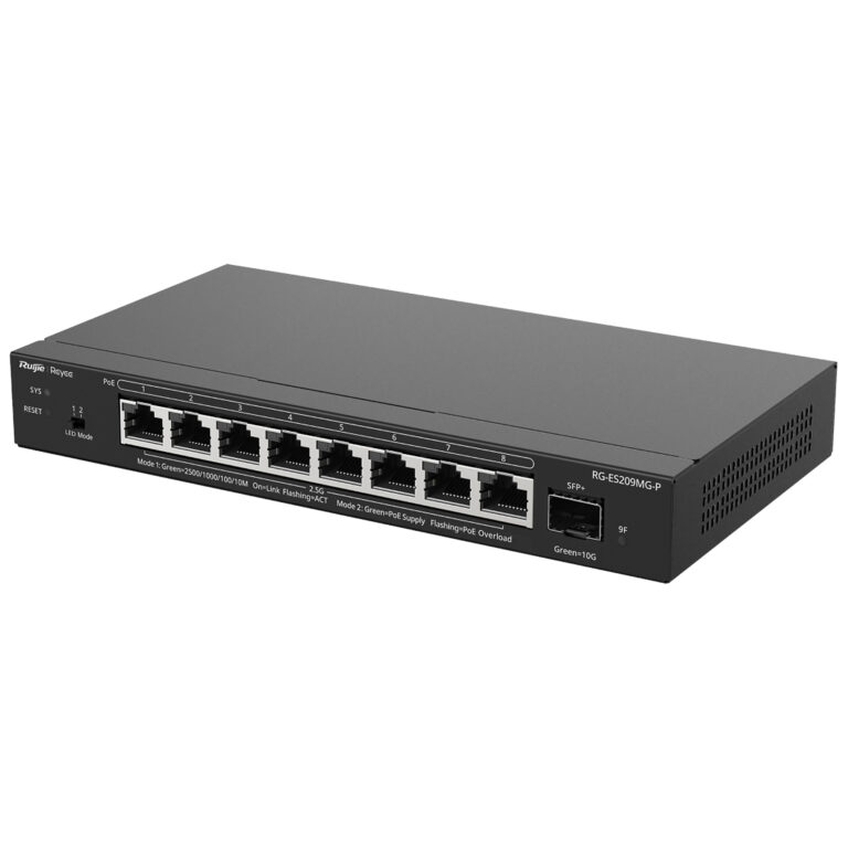 8-port Ethernet switch with an SFP+ uplink (PoE-capable), model RG-ES209MG-P.