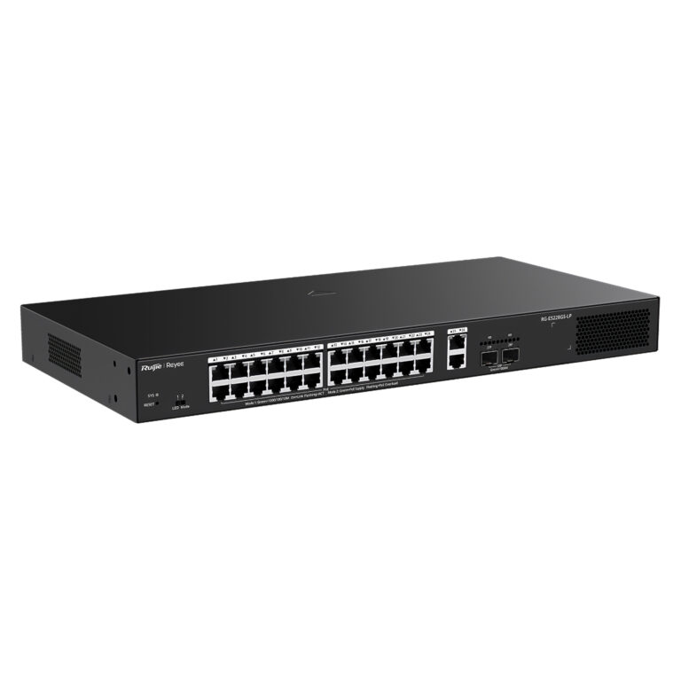 Front view of a 1U rack-mount network switch with 24 Ethernet ports and two uplink ports on the right side.