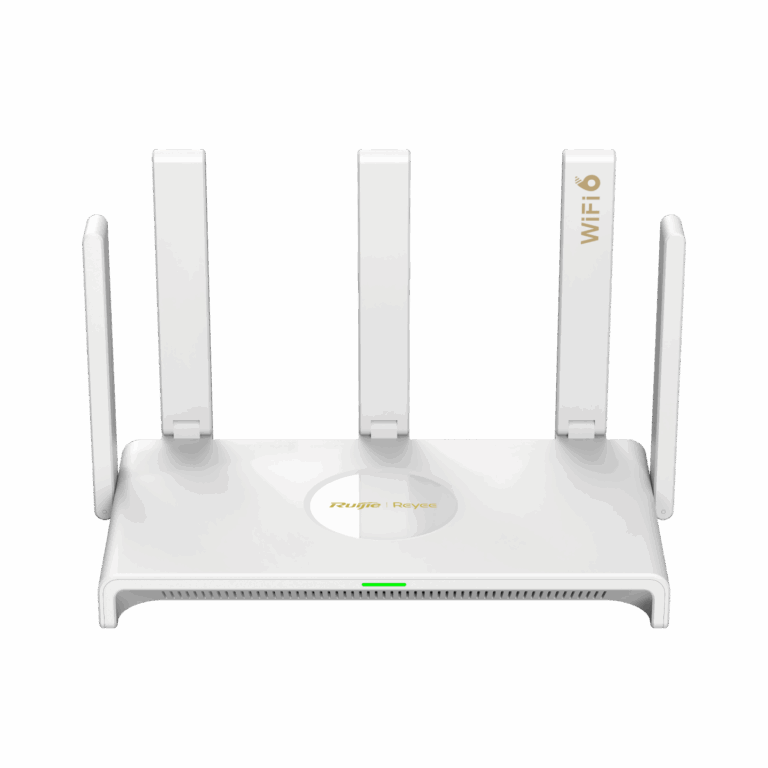 White wireless router with multiple external antennas and a green status light on top surface, branding visible at center.