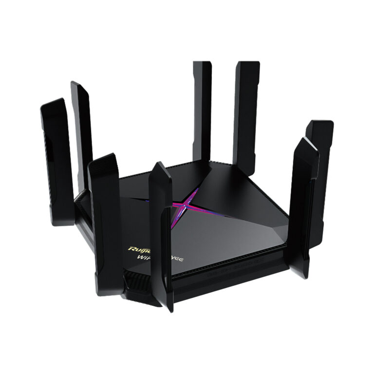 Black wireless router with multiple external antennas and a purple LED cross on top, designed for high‑performance Wi‑Fi.