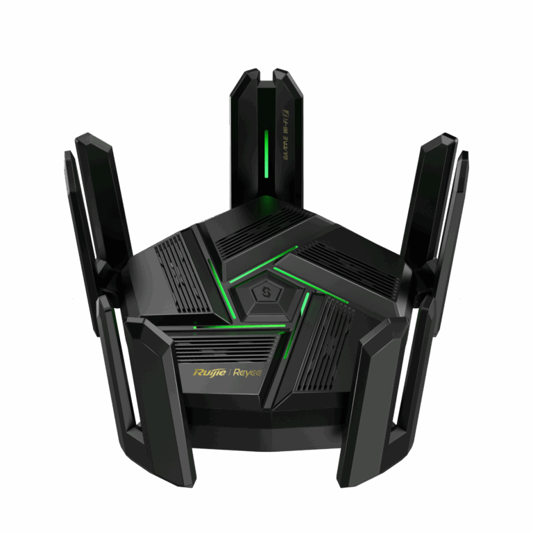 Futuristic black multi-antenna Wi‑Fi router with green LED accents and angular panels, branded Ruijie Reyee."]}{