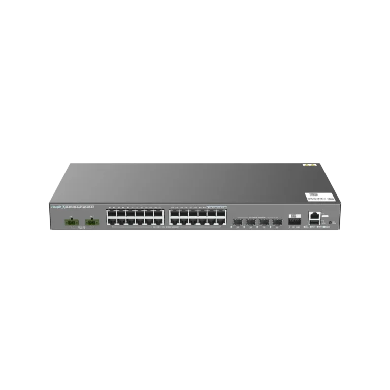 Front view of a 24-port Ethernet network switch with LED indicators and a small power section on the left, used to connect multiple devices in a network.