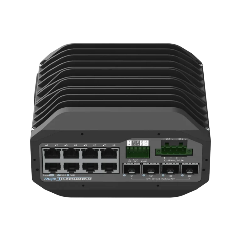 Rugged industrial Ethernet switch with multiple RJ-45 ports, dual DC power inputs, and vertical finned cooling on top (Ruijie model).