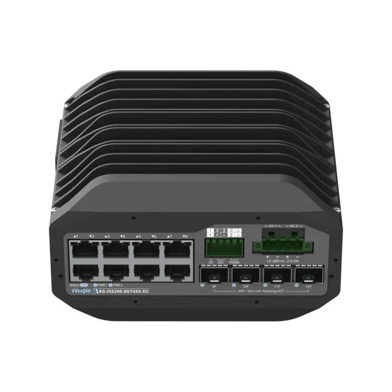 Front panel of a multi-port network switch with numerous RJ-45 Ethernet ports and DC power connectors, housed in a ribbed black enclosure.