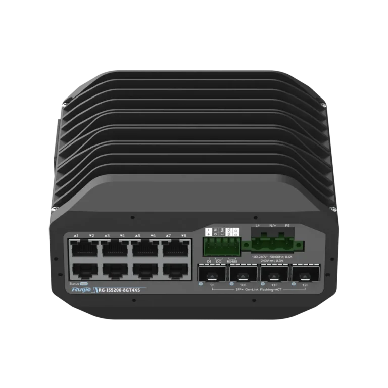 Industrial rugged gateway/router with a large black finned heat sink, multiple Ethernet ports and a green terminal block for RS485 connections on the front panel (industrial network device).