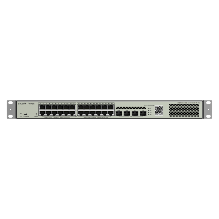 Front view of a 1U rack-mount network switch with multiple RJ-45 Ethernet ports and status LEDs