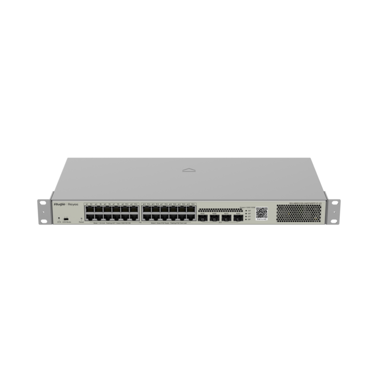 Front view of a 1U rack-mount network switch with multiple Ethernet ports and status LEDs (Ruijie Reyee).