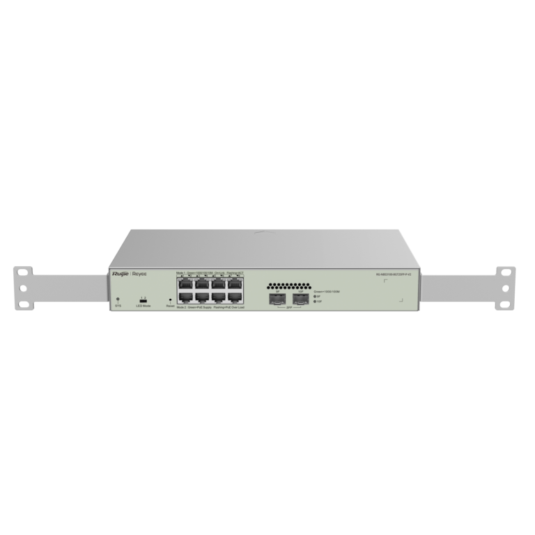 Front panel of a 1U rack-mount network switch with multiple RJ-45 ports and status LEDs, mounted in a rack ears frame.
