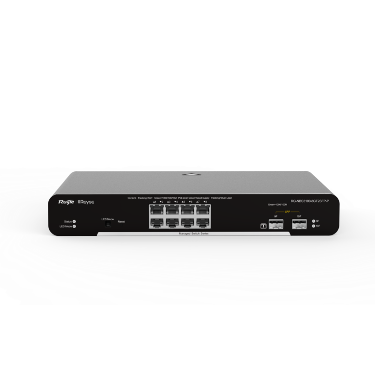 Front of a Ruijie managed network switch with multiple Ethernet ports and LED indicators on a desk surface