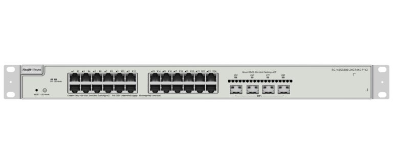 Rack-mount network switch with 24 copper Ethernet ports and two SFP slots, front panel labeled A1–A12 and A13–A24, PoE/LED indicators, Reset button, and Ruijie branding.