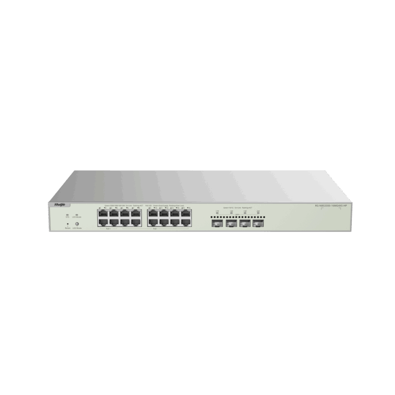 Ruijie 24-port network switch mounted in a rack with multiple Ethernet ports and status LEDs on the front panel