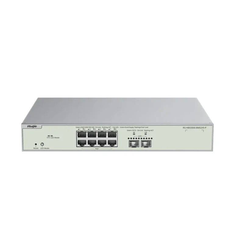 Front view of a Ruijie network switch with multiple Ethernet ports and LED indicators on a light gray panel.