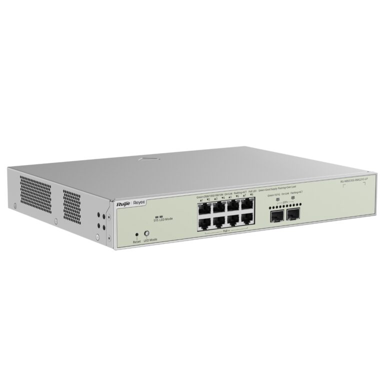 Rack-mount network switch with multiple Ethernet ports and status LEDs on the front panel