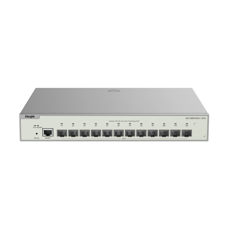 Front view of a Ruijie network switch showing 12 Ethernet ports and management/reset area on the left side