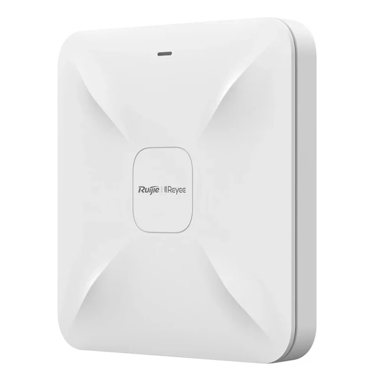 White square wireless access point with rounded corners and a centered logo on the front surface, Jura-like minimalist design