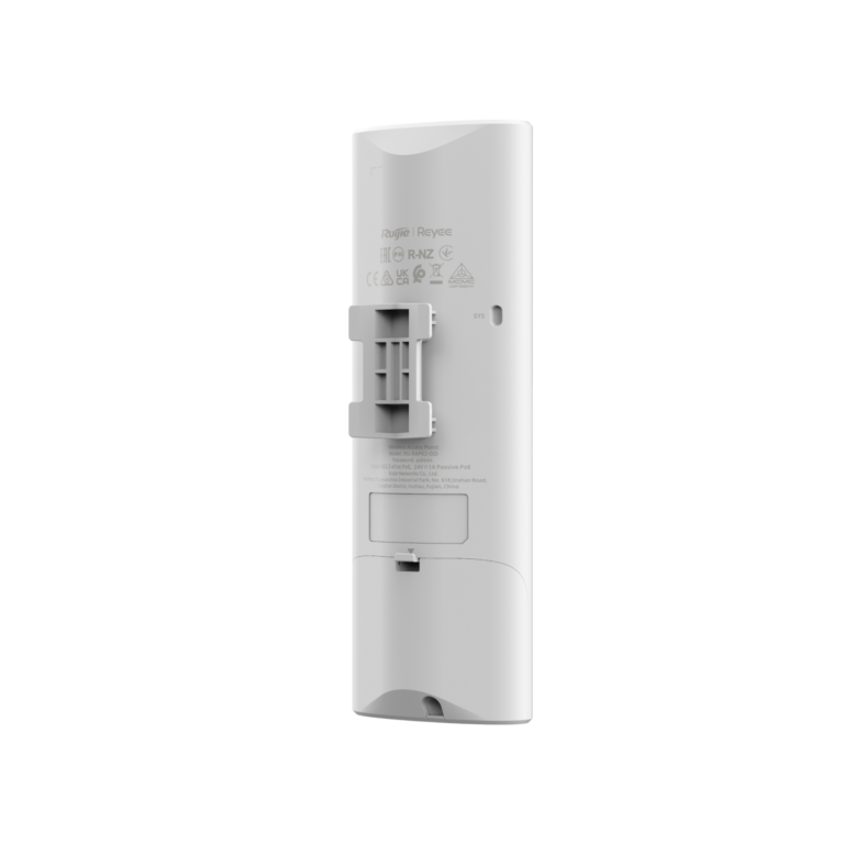 Back view of a white wireless access point with a mounting bracket for ceiling or wall installation, shown against a black background.