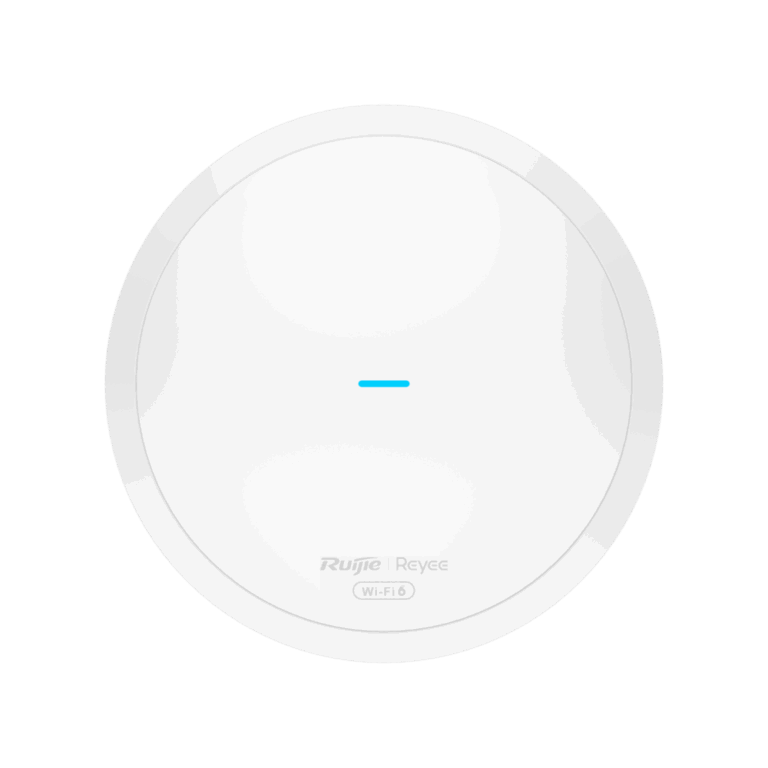 Round white circular smart home device (Wi-Fi 6) with a small blue horizontal status indicator in the center