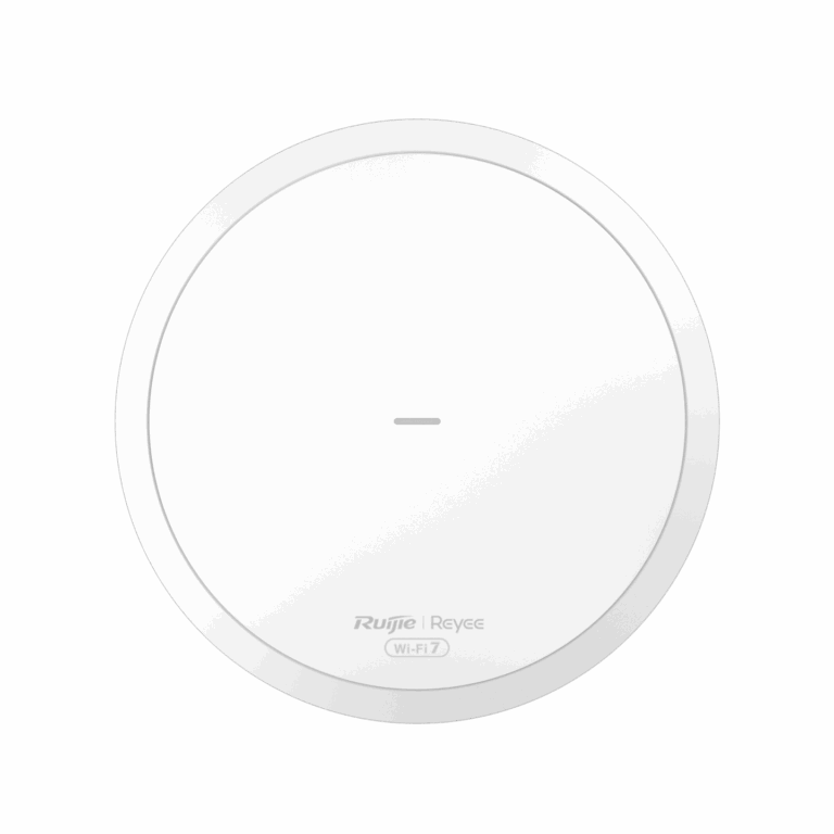 White circular Wi‑Fi access point with a small horizontal status indicator in the center (Ruijie Reyee).